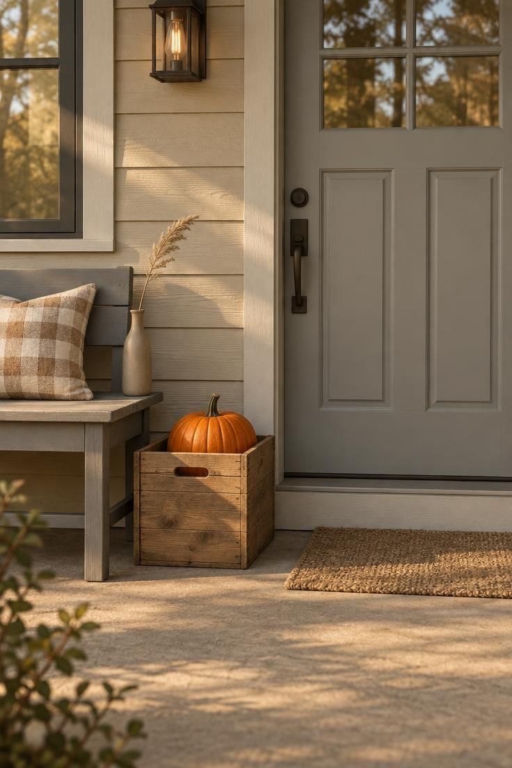 A neutral stoop with a wood crate holding one burnt orange pumpkin, a flannel pillow on a gray bench, and a taupe doormat.