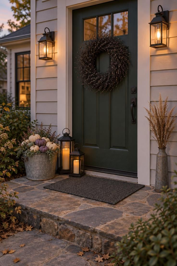 Simple Spaces 22 A cozy small porch at early evening with a black twig wreath on a deep green door, a pail of mini pumpkins, glowing lanterns, and a charcoal doormat.