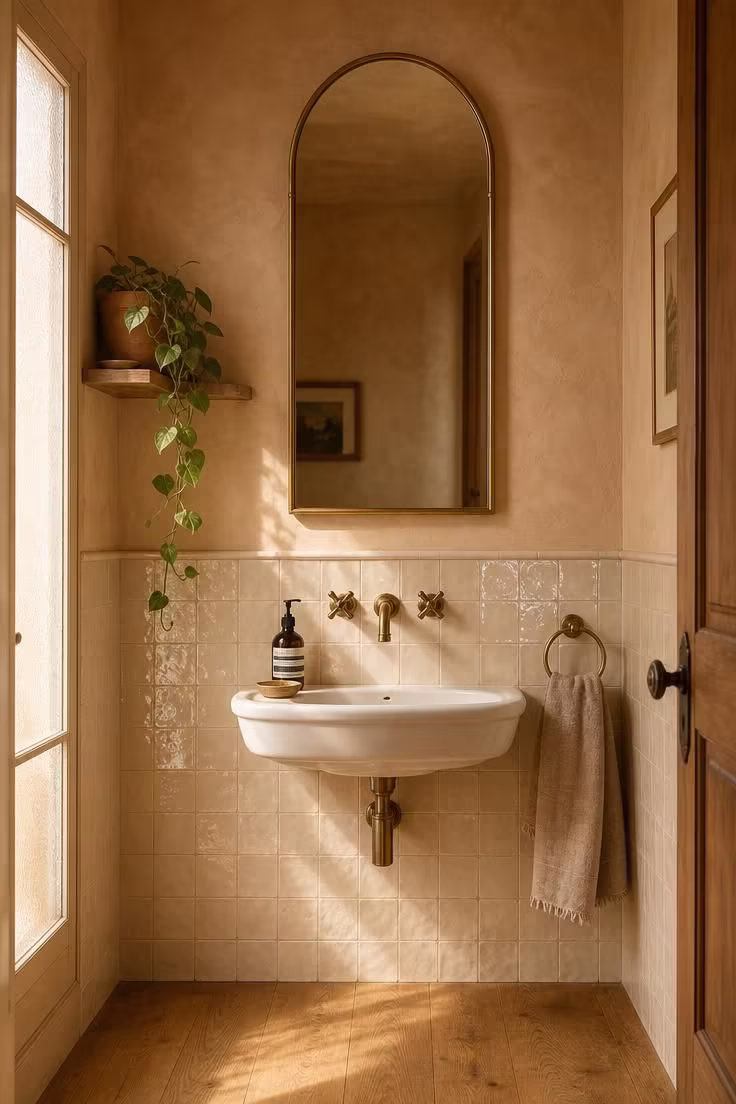 Small powder room with ivory zellige tile wainscoting, arched brass-frame mirror, and warm limewash walls in golden afternoon light.
