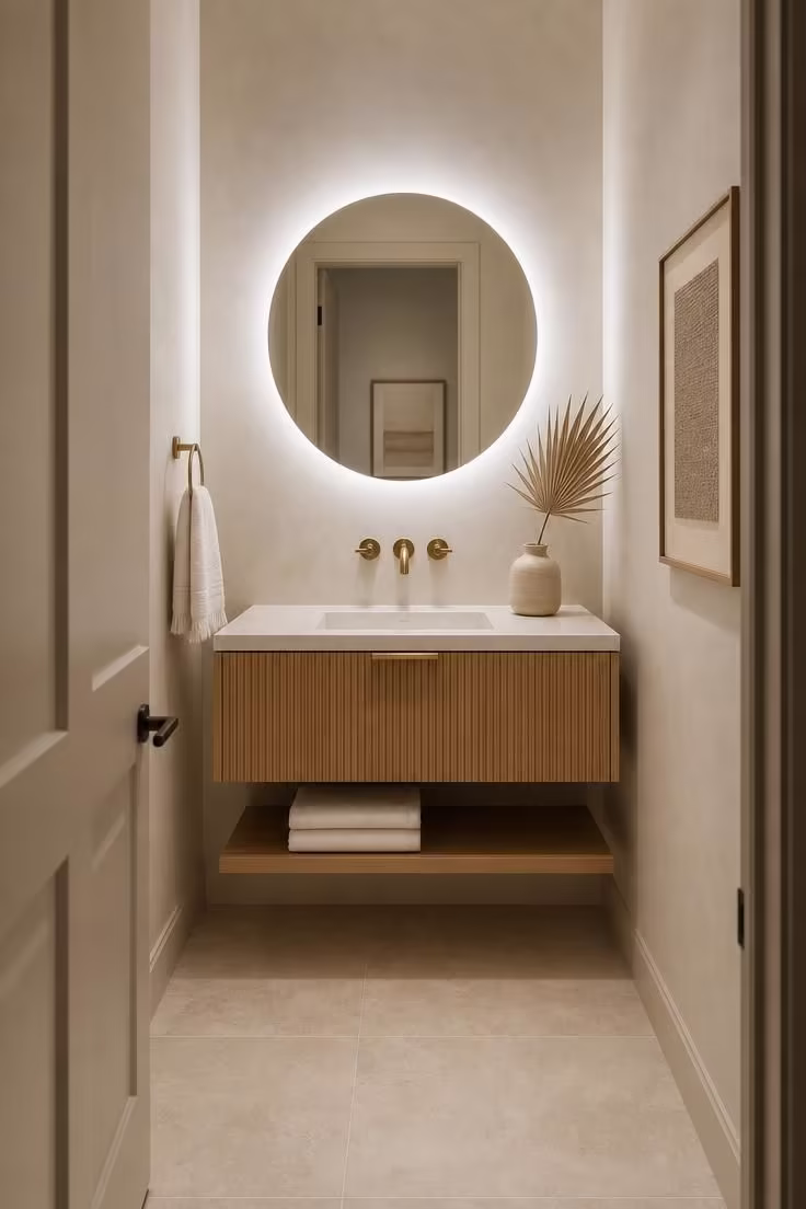 Small powder room with fluted white oak floating vanity, backlit round LED mirror, and warm plaster walls in soft diffused light.