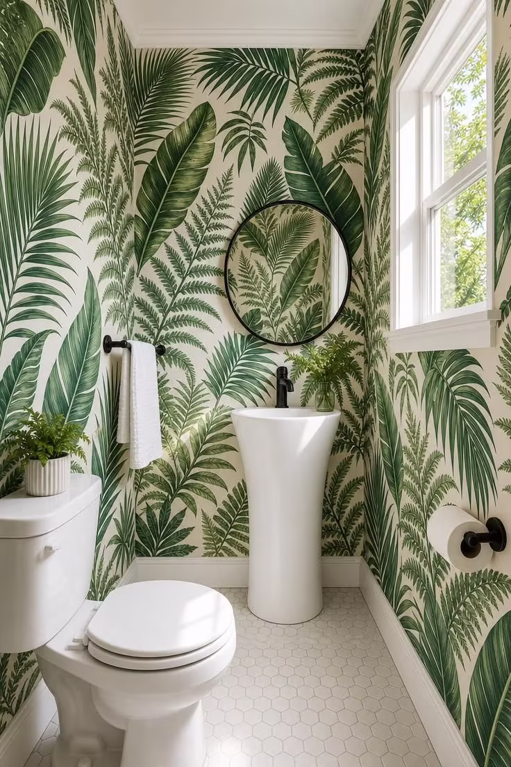 Small powder room with floor-to-ceiling botanical wallpaper in green tones, matte black fixtures, and bright midday light through a small window.