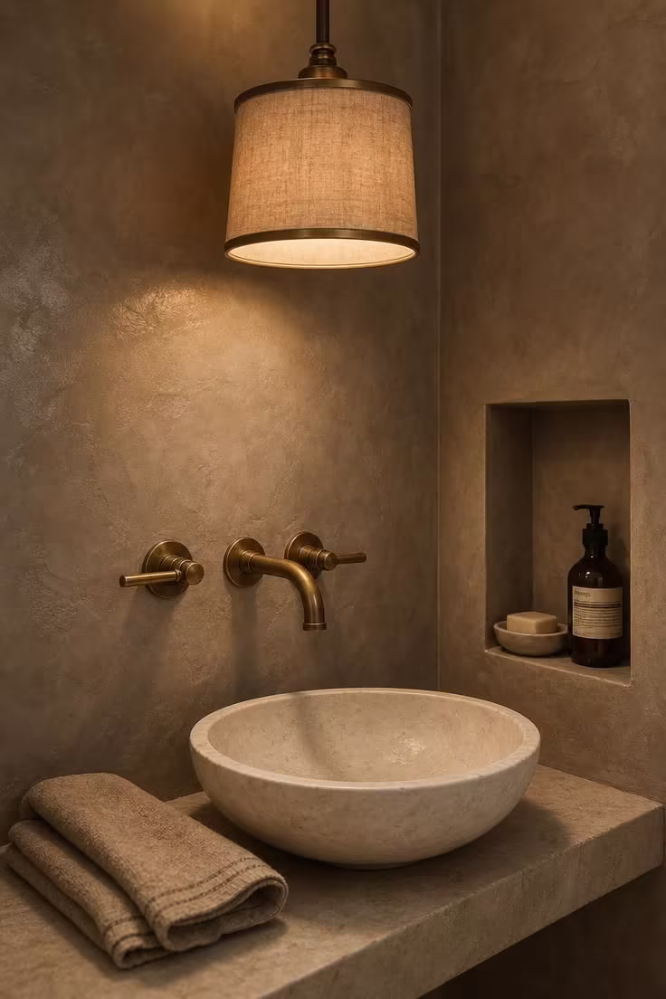 Close-up of Venetian plaster walls in warm taupe with unlacquered brass wall-mounted faucet, limestone shelf vanity, and moody pendant light.