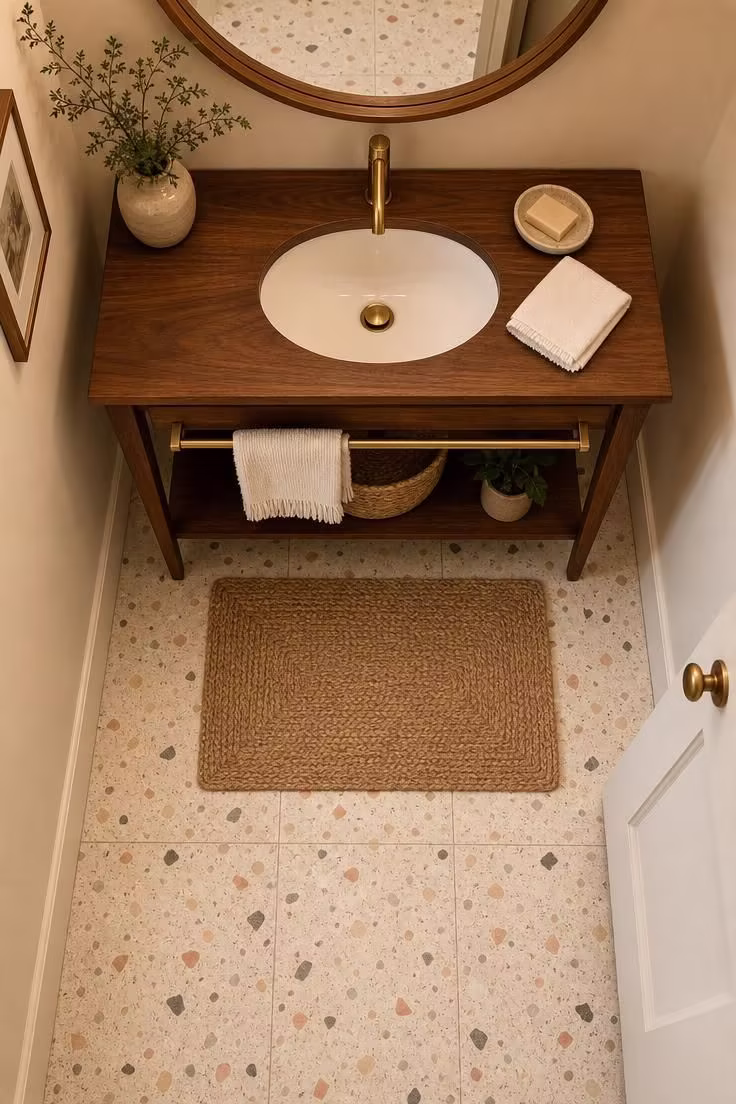 Overhead view of a small powder room with terrazzo porcelain floor tile, walnut console sink vanity, and warm golden light.