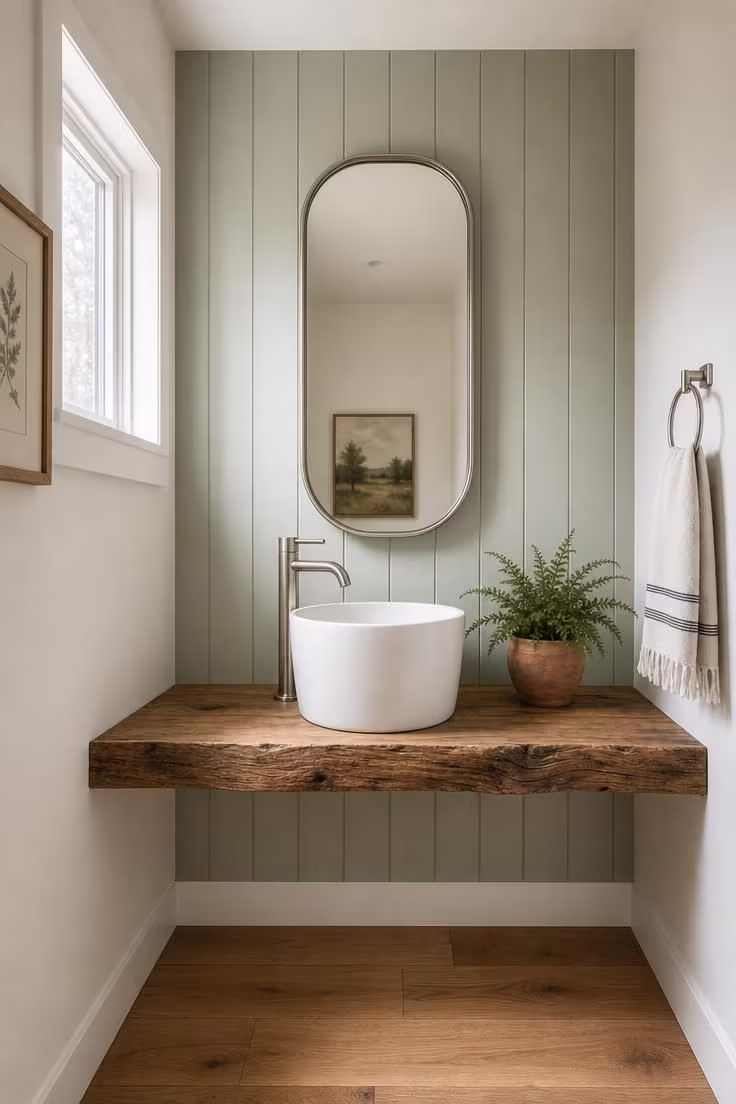 Small powder room with pale sage vertical shiplap accent wall, reclaimed oak shelf vanity, white vessel sink, and capsule mirror in cool overcast light.