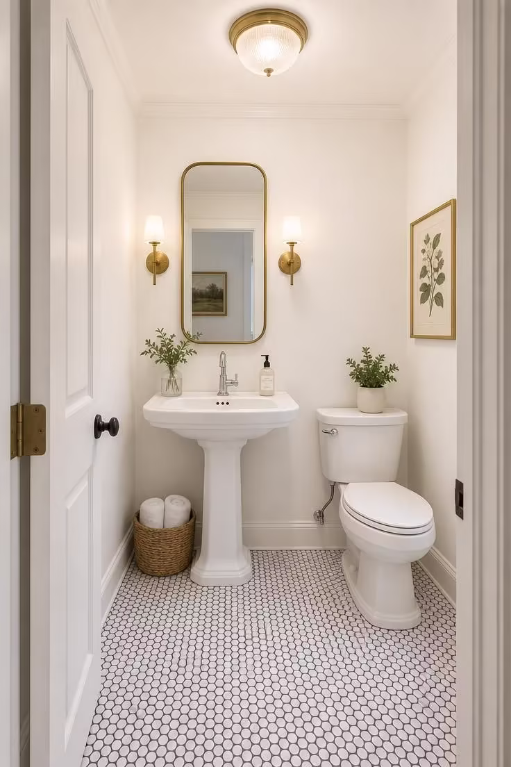 Wide view of a small powder room with matte white penny round mosaic floor, white pedestal sink, brass capsule mirror, and bright overhead light.