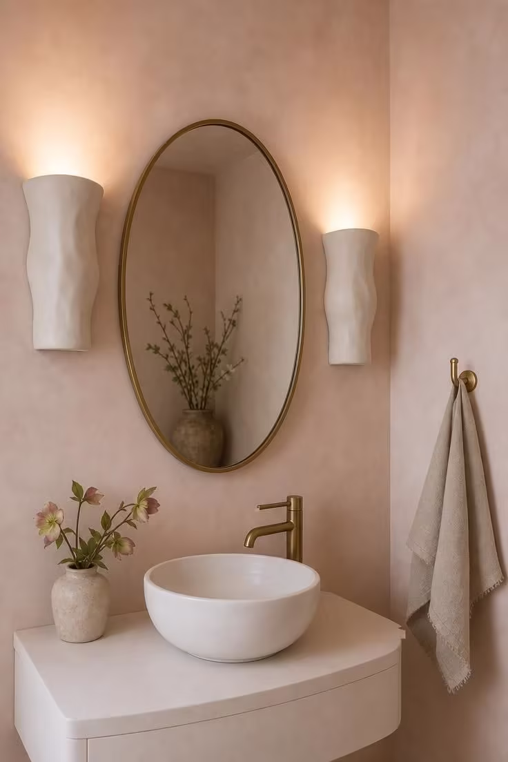 Close-up of limewash walls in pale blush with sculptural hand-formed ceramic sconces flanking an oval brass-frame mirror in soft diffused light.