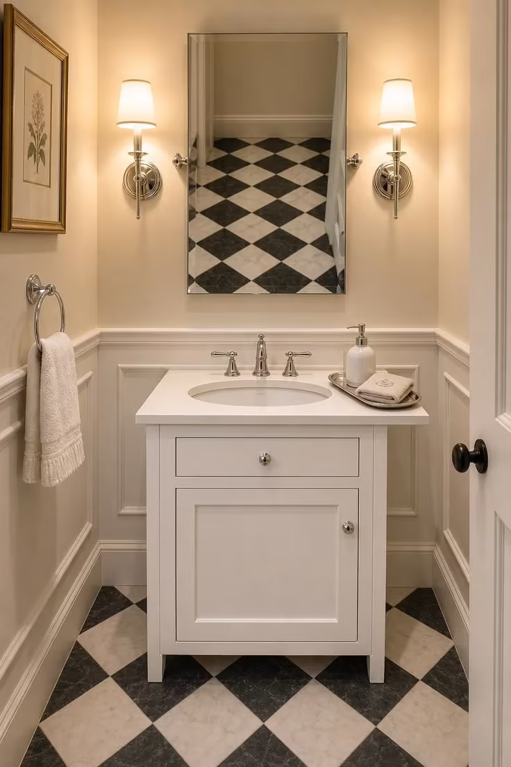 Small powder room with diagonal black-and-white checkerboard marble floor, white Shaker vanity, chrome lever faucet, and warm golden sconce light.