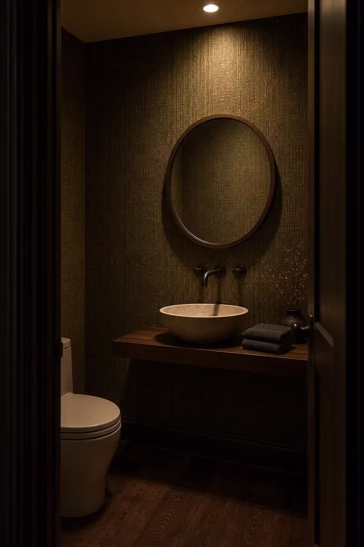 Doorway view into a small powder room with deep olive grasscloth wallpaper, slim stone vessel basin on walnut shelf, and moody recessed downlight.