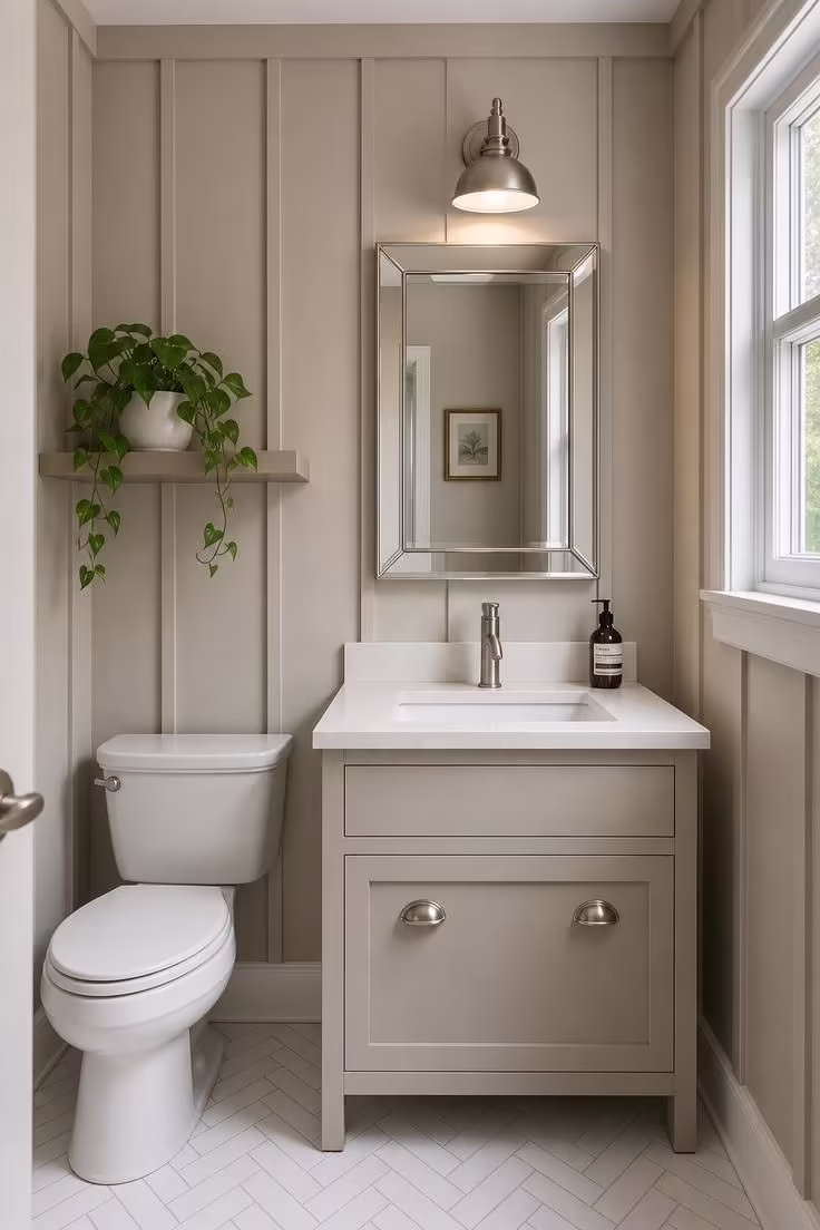 Small powder room with full-height board-and-batten walls in warm dove, narrow vanity with brushed nickel cup pulls, and beveled mirror in cool overcast light.