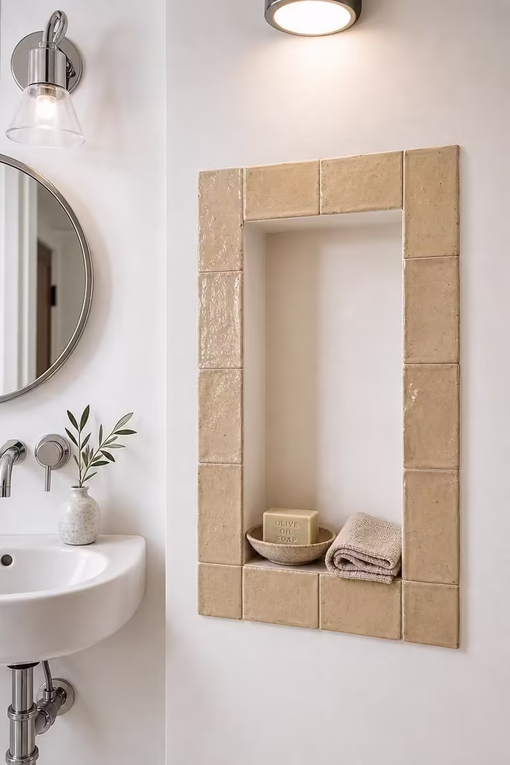 Close-up of a recessed wall niche framed in handmade sand-glazed ceramic tile, holding a ceramic soap dish and linen towel, in bright midday light.