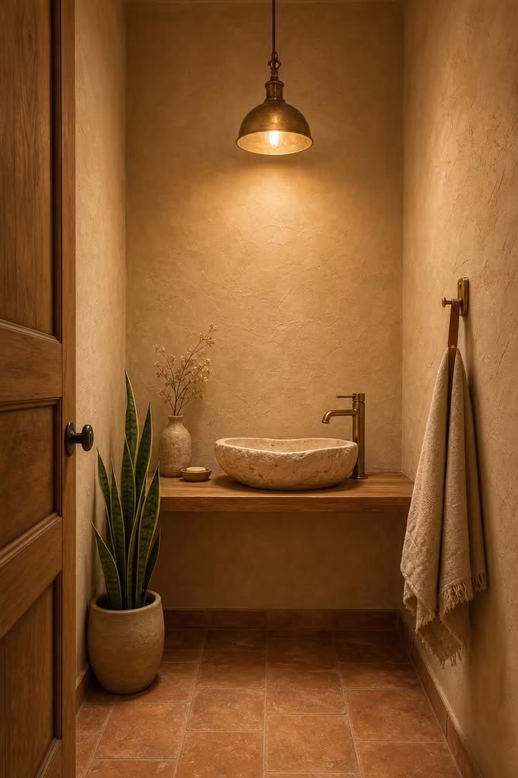 Wide view of a small powder room with Roman clay walls in warm sand, antiqued brass pendant, carved stone basin on oak shelf, and warm golden light.