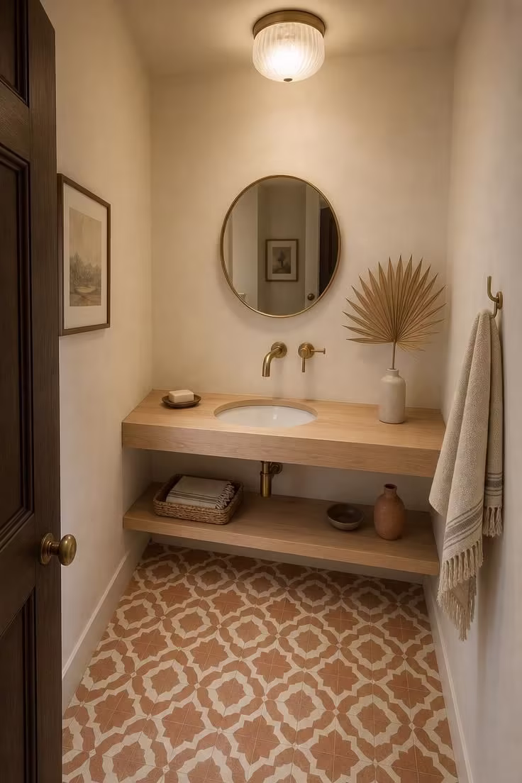 Overhead view of a small powder room with terra-cotta and cream encaustic cement tile floor, slim maple floating shelf vanity, and matte brass wall-mounted faucet in soft diffused light.