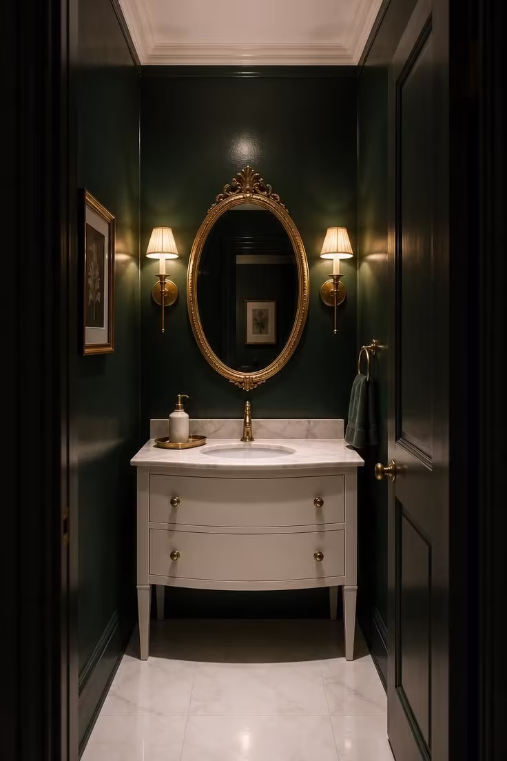 Doorway view into a small powder room with dark forest green walls, gilded oval mirror, brass sconces, and white marble-top vanity in moody low light.