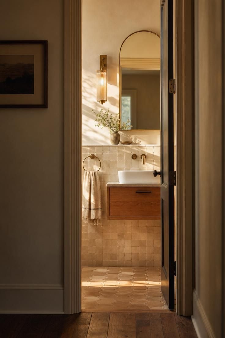 Simple Spaces 16 View through an open doorway into a warm, well-styled small powder room with zellige tile, arched brass mirror, and oak floating vanity in golden afternoon light.