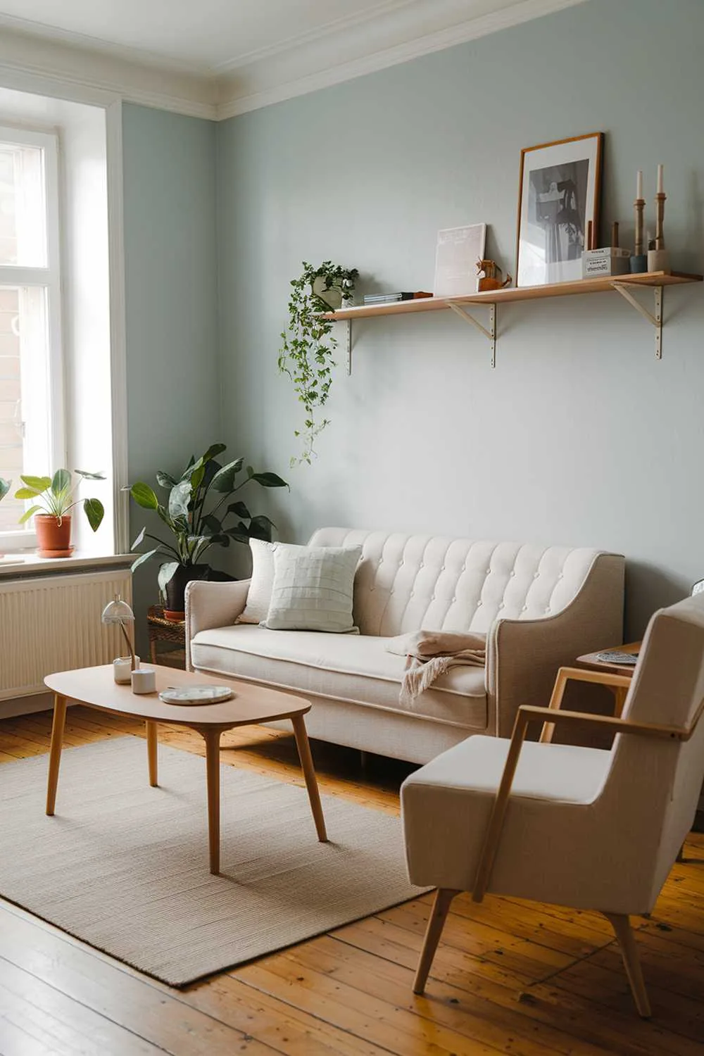 A cozy small Scandinavian living room with a beige sofa, a white armchair, and a wooden coffee table. There's a beige rug on the floor. The walls are painted in a light blue shade. There's a wooden shelf above the sofa with a few decorative items. A potted plant is placed near the window. The room has wooden flooring.