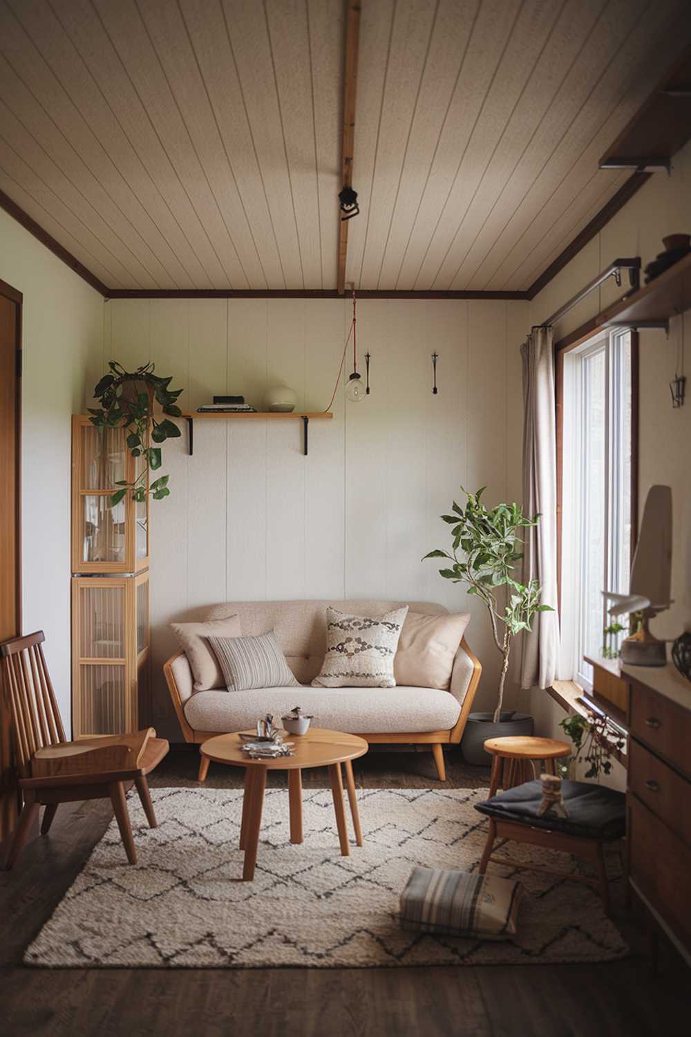 A cozy, small Scandinavian living room with a beige sofa, a few wooden furniture pieces, a rug, and a few decorative items. A plant is placed on a shelf near the window. The room has a wooden ceiling and a few nails on the wall. The floor is made of dark wood. The room has a warm and inviting atmosphere.