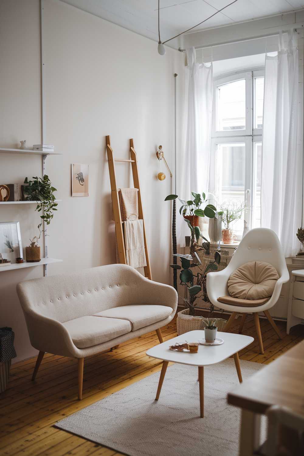 A cozy small Scandinavian living room. There's a beige sofa with wooden legs, a white chair with a beige cushion, and a white coffee table. A wooden ladder leans against the wall, and there's a potted plant near the window. The room has wooden floors, white walls, and a few decorative items.