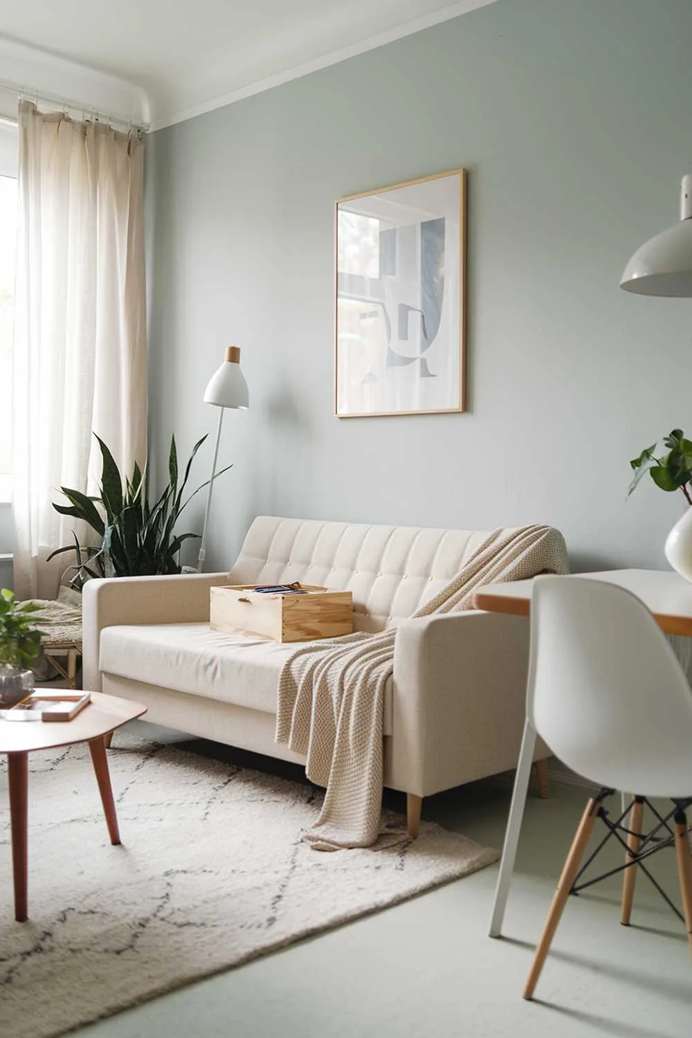 A small Scandinavian living room with a beige sofa, a white chair, and a wooden table. There's a white rug on the floor. A beige blanket and a wooden box are placed on the sofa. A white lamp and a green plant are next to the sofa. The walls are painted in a light blue color.