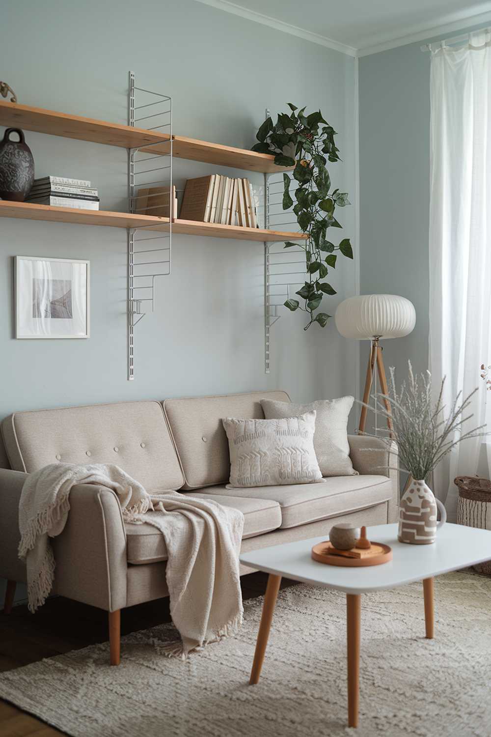  A cozy small Scandinavian living room with a beige sofa, a white coffee table, and a few decorative items. There's a wooden shelf above the sofa, holding a few books and a plant. The room has a beige rug and a white lamp near the sofa. The walls are painted in a light blue color.