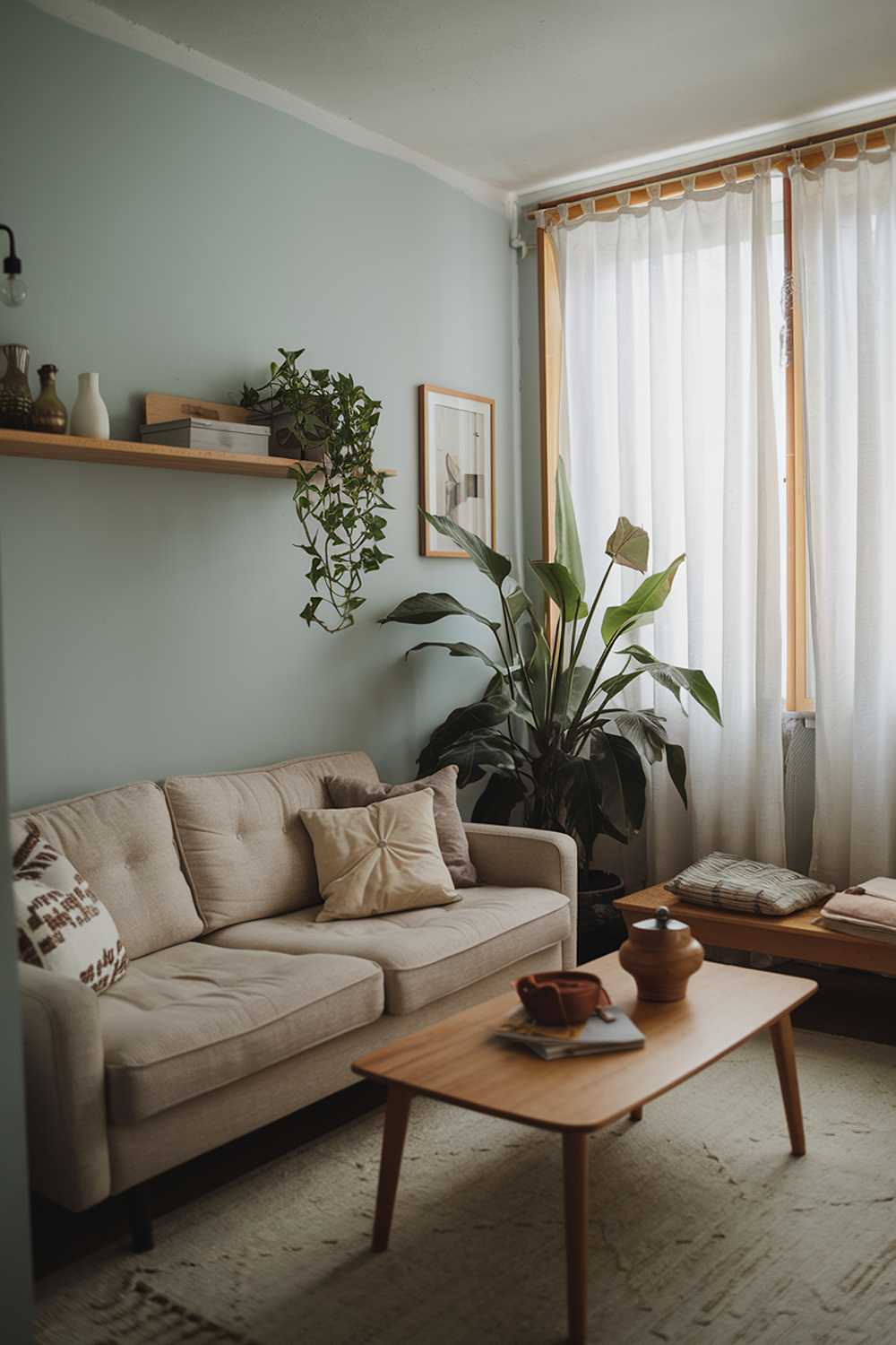 A cozy small Scandinavian living room with a beige sofa, a wooden coffee table, and a few decorative items. The walls are painted in a light blue hue, and there are white curtains on the window. A large plant sits on the floor. A wooden shelf above the sofa holds a few items. The room has a warm ambiance with soft lighting.