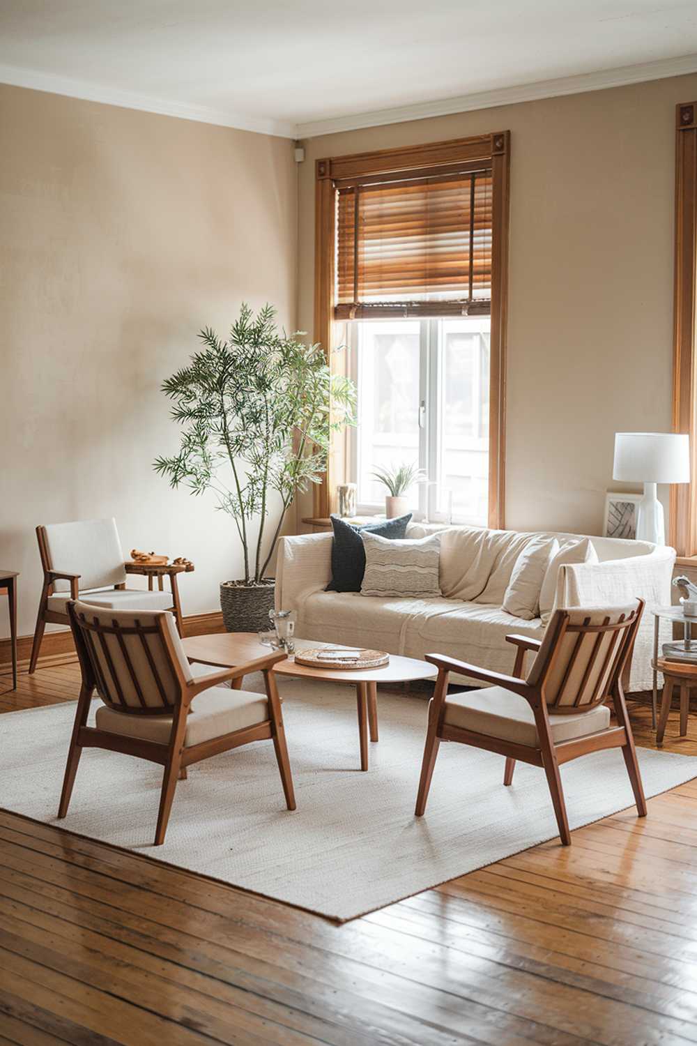 A cozy Scandinavian living room with a beige sofa, a few chairs, a coffee table, and a small side table. There is a potted plant near the window. The room has wooden floors and beige walls. A white rug is placed under the furniture. There is a lamp on the side table. The window has wooden blinds.