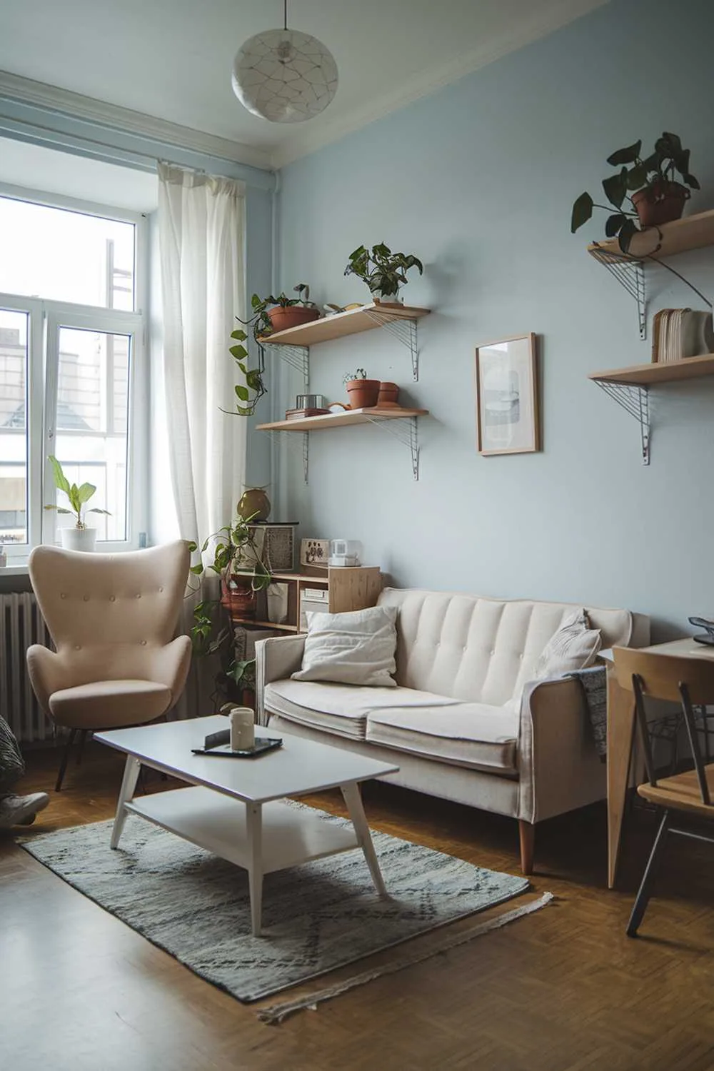 A cozy small Scandinavian living room with a beige sofa, a white coffee table, and a few wooden shelves. There's a beige chair near the window. The walls are painted in light blue. A few plants are placed on the shelves. A rug is placed on the floor. The room has a wooden floor