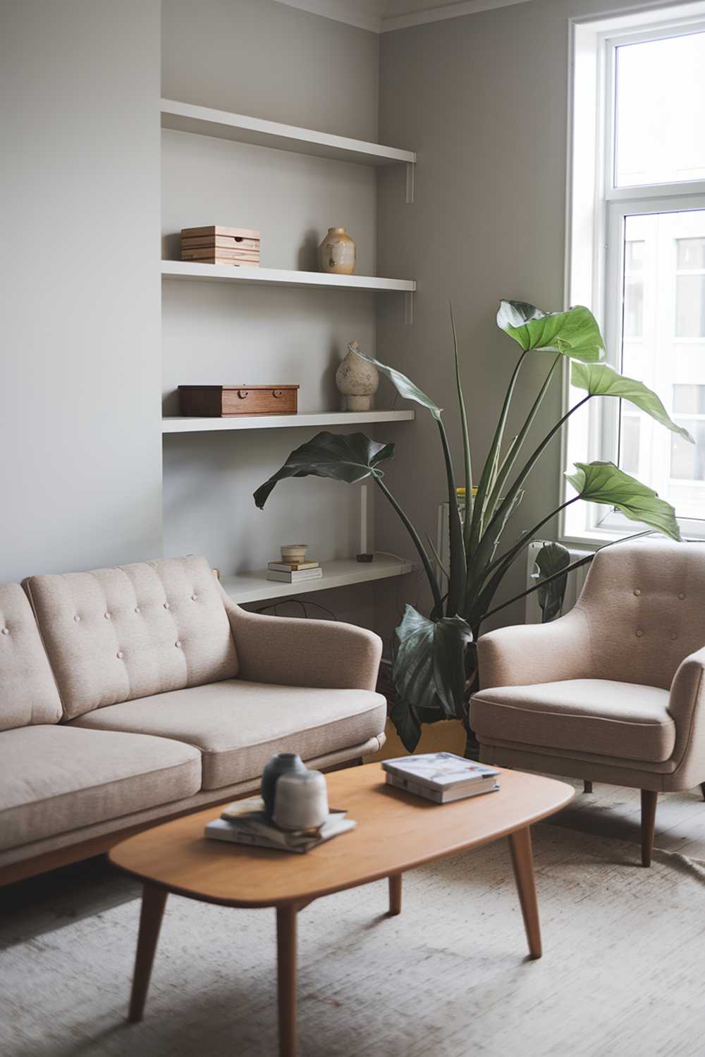 A cozy small Scandinavian living room with a beige sofa and a matching armchair. There's a wooden coffee table in the middle with a few items on top. The walls are painted in a light gray color. There's a large potted plant near the window. A few decorative items, such as a wooden box and a ceramic vase, are placed on the shelves.