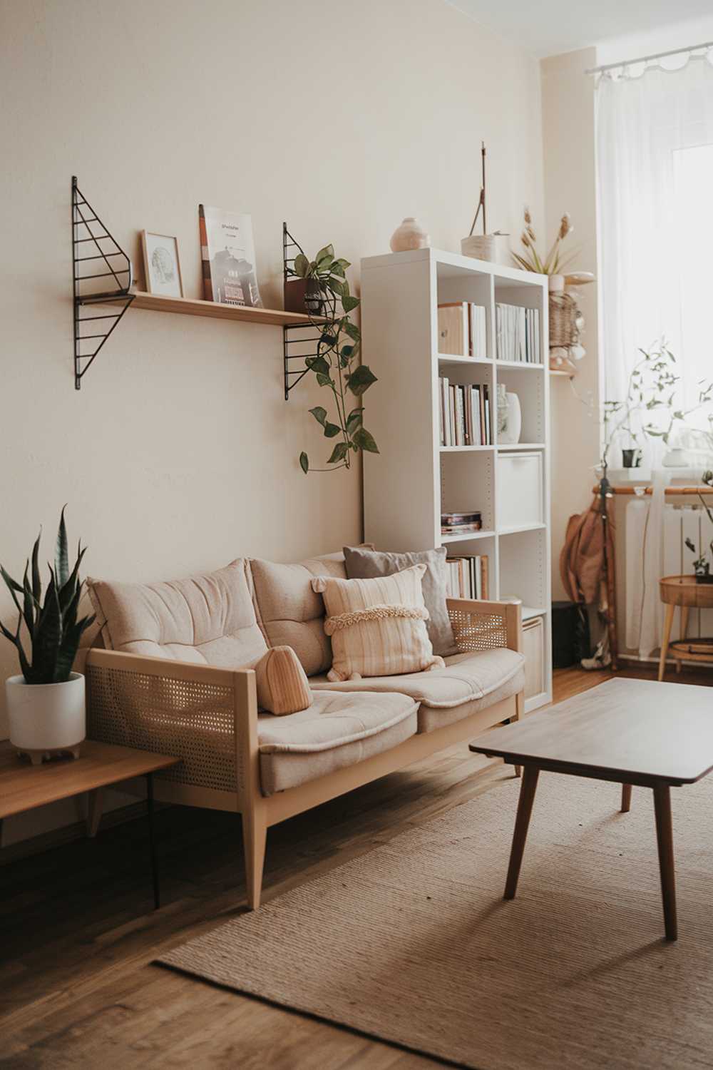 A cozy Scandinavian living room with a few pieces of furniture. There's a beige sofa with cushions and a few throw pillows. Next to the sofa is a wooden coffee table. There's a white bookshelf behind the sofa. On the wall, there's a wooden shelf with a few decorative items, including a plant. The floor is covered with a beige rug. The room has a warm ambiance.