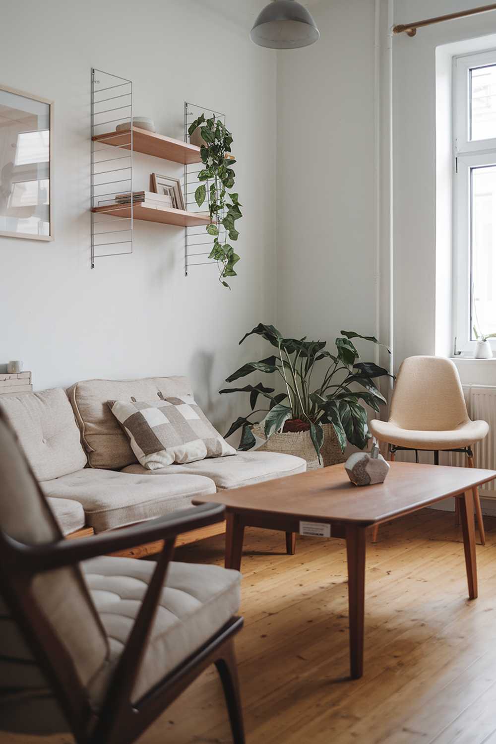 A cozy small Scandinavian living room. There is a beige sofa with a few cushions and a wooden coffee table in the middle of the room. A plant is placed on the table. Near the table, there is a beige chair. On the left wall, there is a floating shelf with a few decorative items. The room has a wooden floor and white walls.