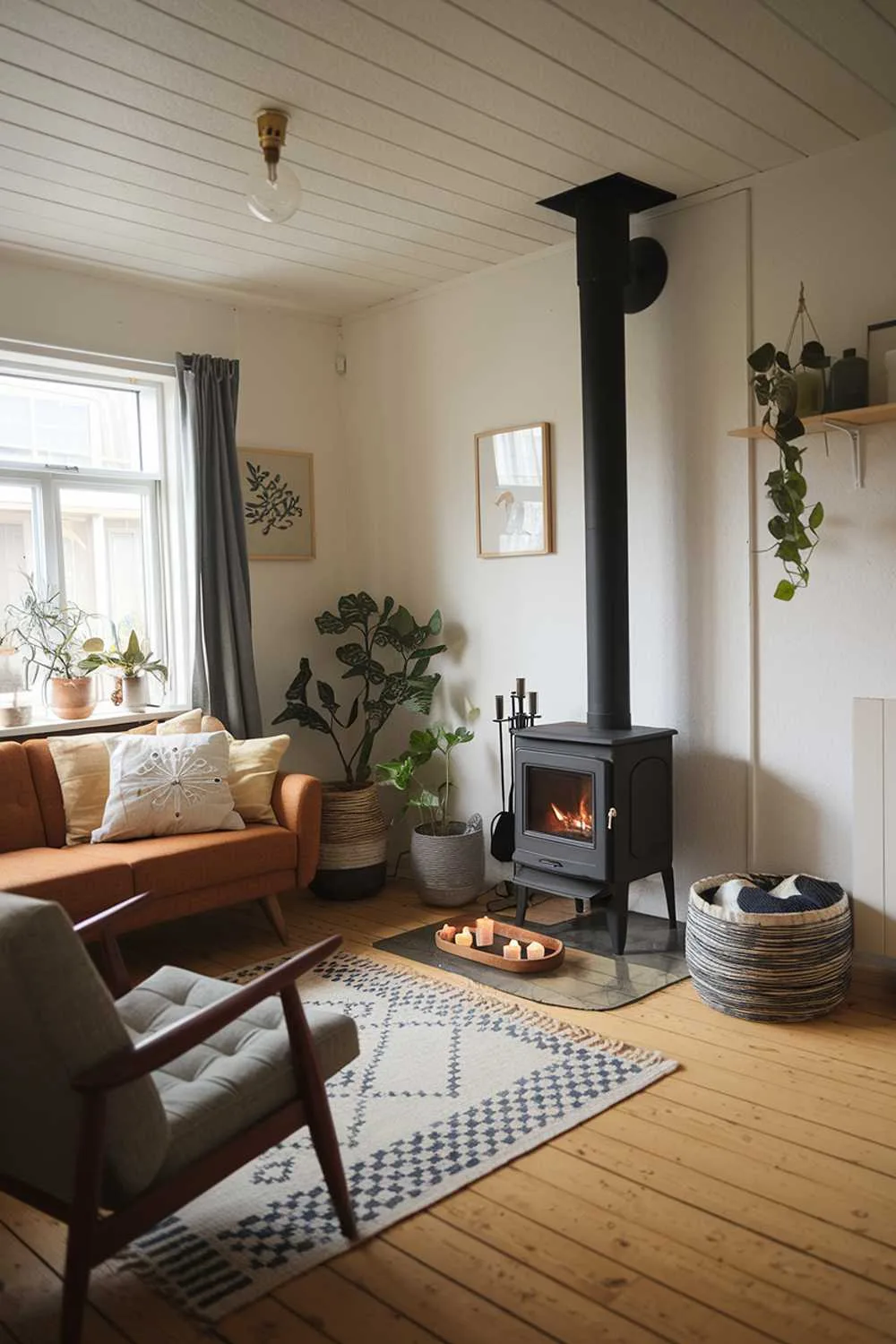 A cozy small Scandinavian living room with a wood-burning stove, a sofa, a chair, and a few decorative items. The room has a wooden floor, white walls, and a few plants. There is a patterned rug in front of the stove, and a few candles on a wooden tray. The room has soft lighting