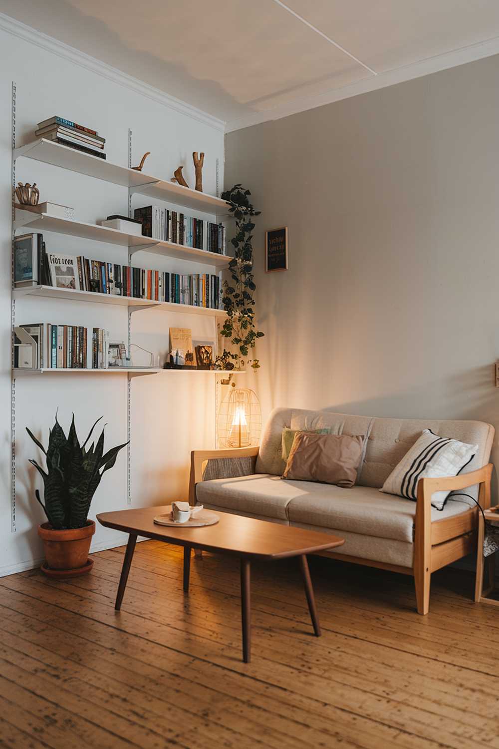 A cozy small Scandinavian living room. There's a beige sofa with a few pillows and a wooden coffee table in the middle of the room. There's a white bookshelf on the left wall, filled with books and decorative items. A potted plant is placed on the floor near the bookshelf. The room has a wooden floor and the walls are painted in a light grey color. A warm glow comes from a lamp on the coffee table.