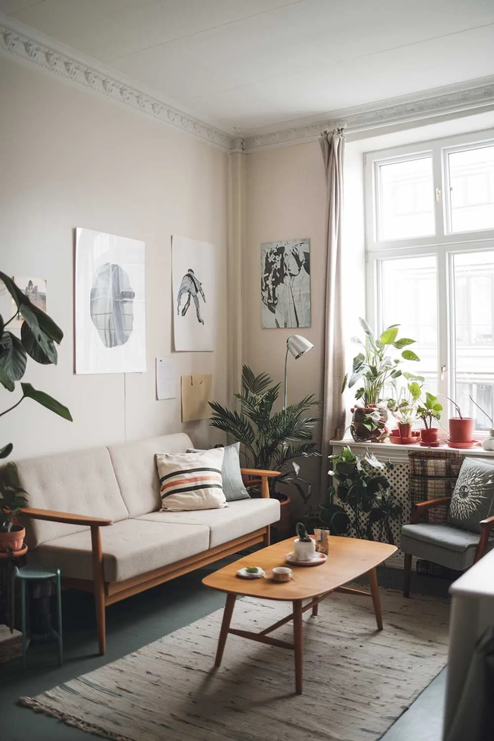 A small Scandinavian living room. There's a beige sofa with a wooden frame, a few potted plants, a few pieces of artwork on the wall, and a wooden coffee table in the center. The walls are painted white, and there's a rug on the floor. There's a window near the sofa, with a curtain. The room has a few pieces of furniture, a lamp, and a few decorative items.