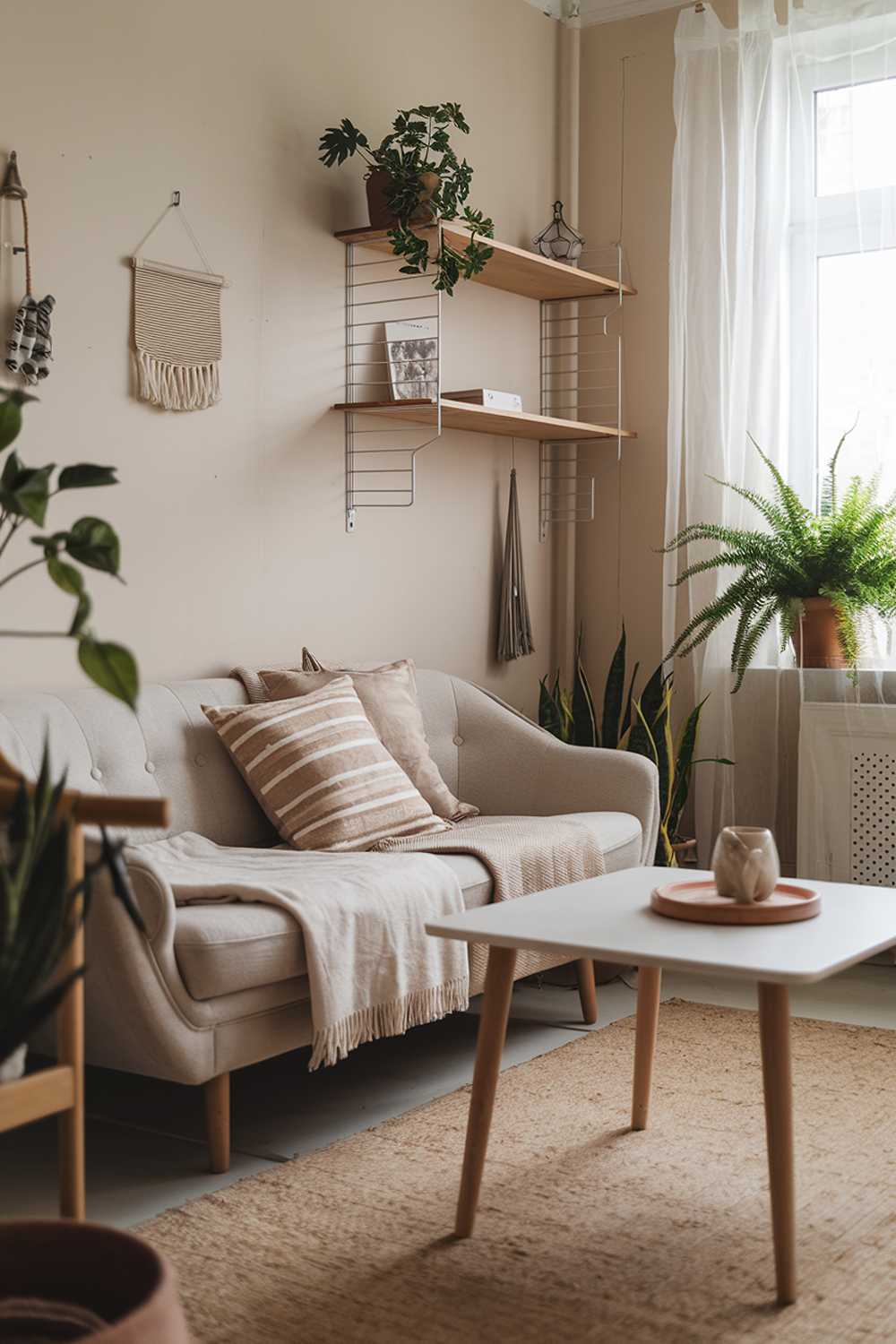 A cozy Scandinavian-style living room. There's a beige sofa with a few cushions and a white coffee table in the middle of the room. A wooden shelf is mounted on the wall, holding a few decorative items. The floor is covered with a beige rug. The room has a few plants and a potted fern near the window. The walls are painted in soft beige and have a few hanging items.