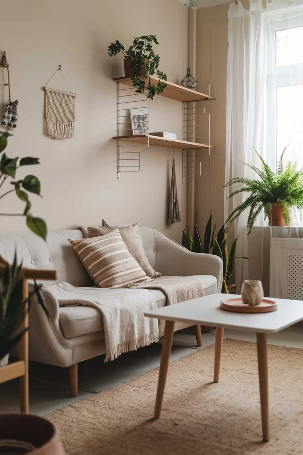 A cozy Scandinavian-style living room. There's a beige sofa with a few cushions and a white coffee table in the middle of the room. A wooden shelf is mounted on the wall, holding a few decorative items. The floor is covered with a beige rug. The room has a few plants and a potted fern near the window. The walls are painted in soft beige and have a few hanging items.