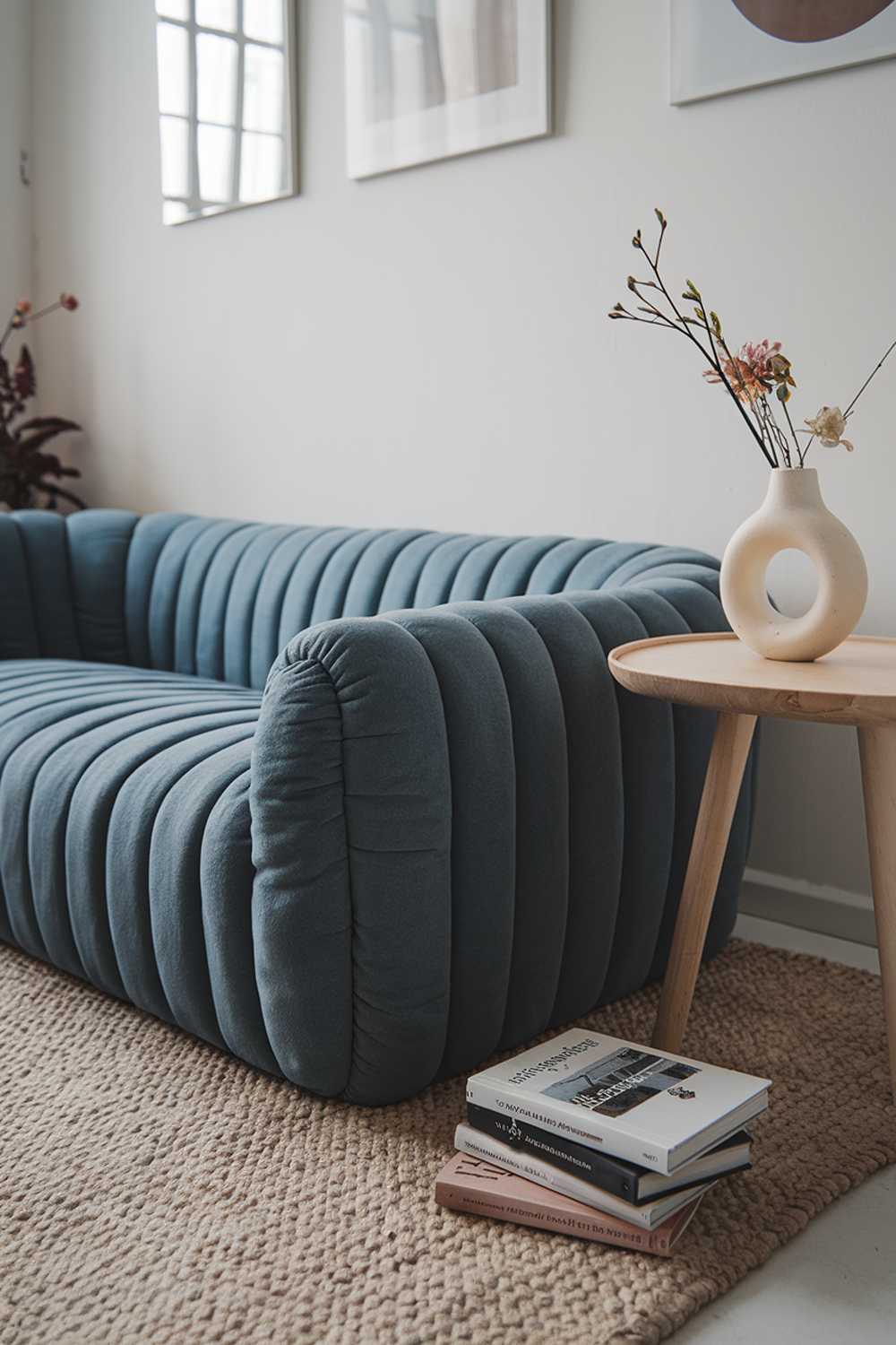 A Scandinavian-style living room with a small, plush blue sofa. There is a beige wool rug beneath the sofa. A white vase with a few flowers sits on a wooden side table next to the sofa. A few books are piled on the ground. The wall has a few minimalist artworks.