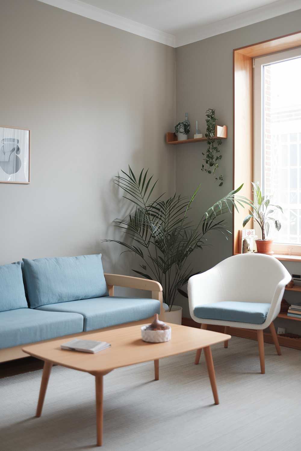 A cozy small Scandinavian living room decor. There is a beige sofa with blue cushions and a wooden coffee table in the center. A white chair with a blue cushion is placed near the sofa. There is a potted plant near the window. The walls are painted in a light gray color. There is a wooden shelf near the window.