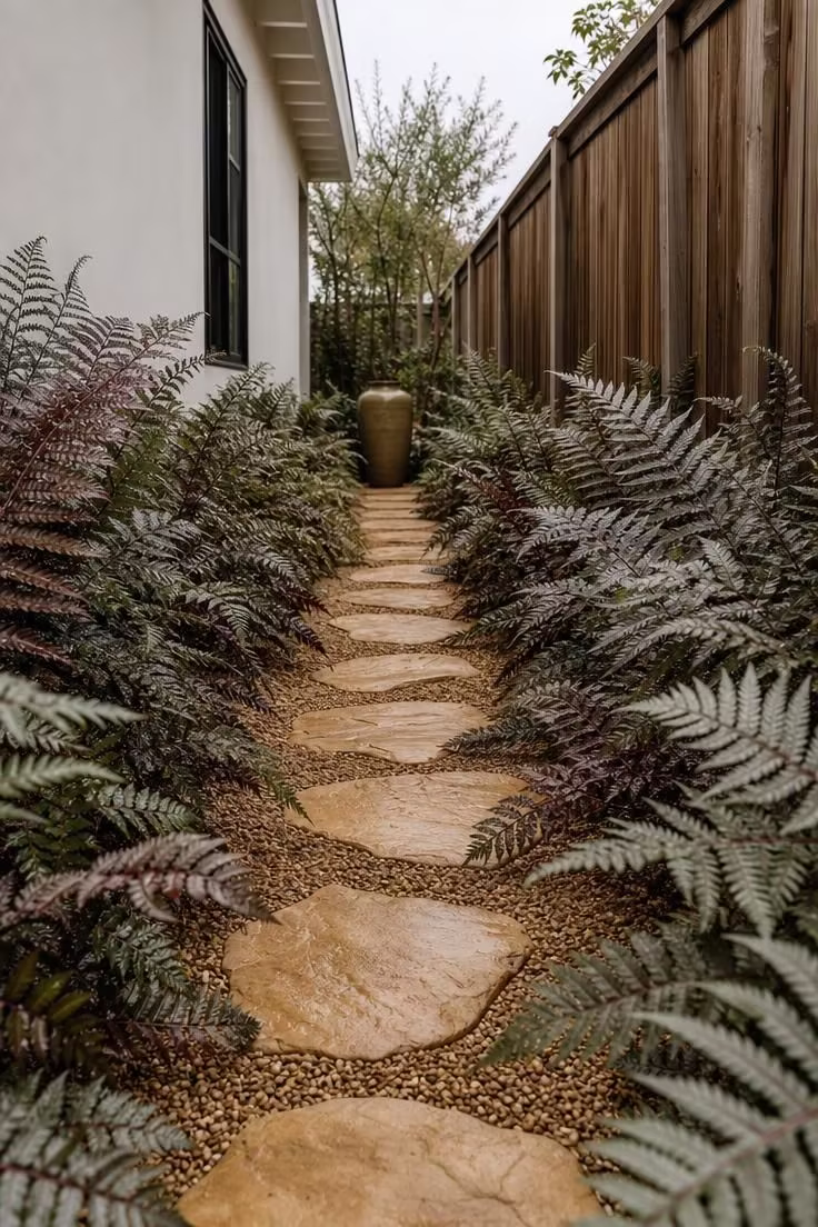 Buff sandstone stepping stones through a corridor of Japanese painted ferns in a narrow side yard under overcast light