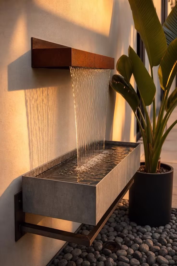 Corten steel water blade mounted on white stucco wall with zinc catch basin in a side yard at golden hour
