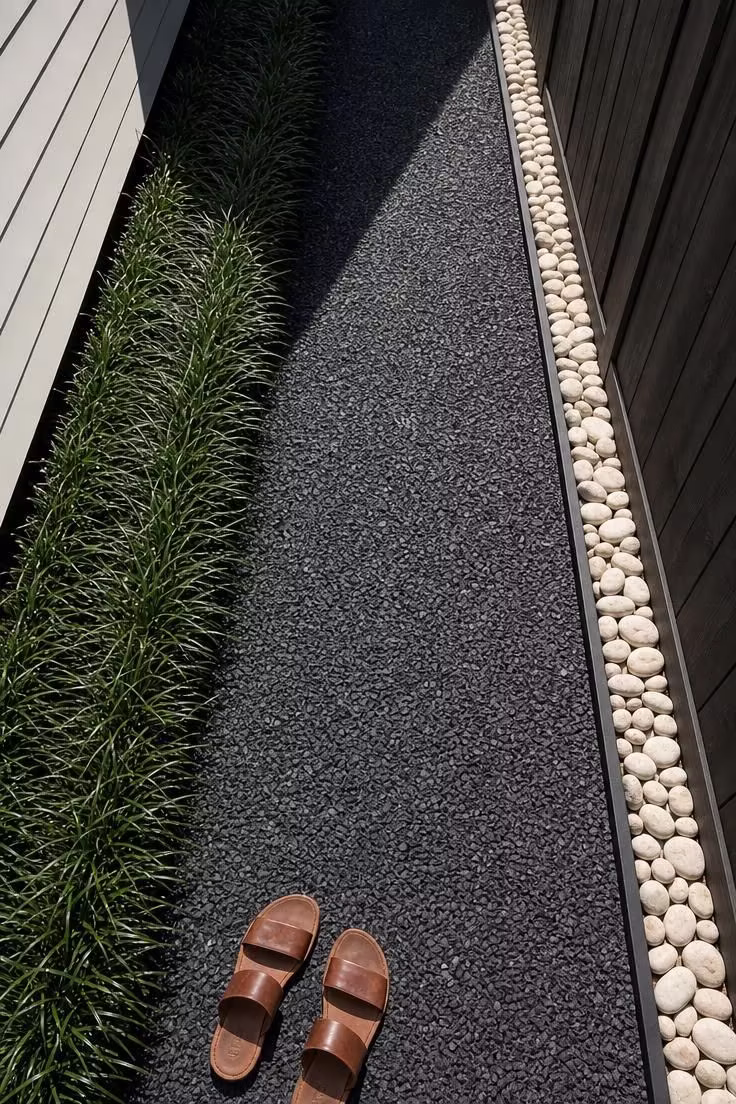 Overhead view of charcoal gravel side yard path with black steel edging and dwarf mondo grass in midday sun