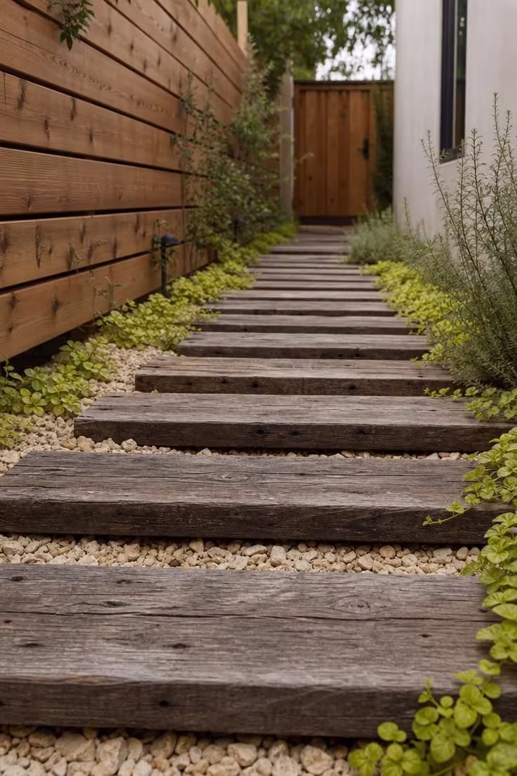 Reclaimed oak sleeper walkway raised above buff limestone chips in a narrow side yard with soft diffused light