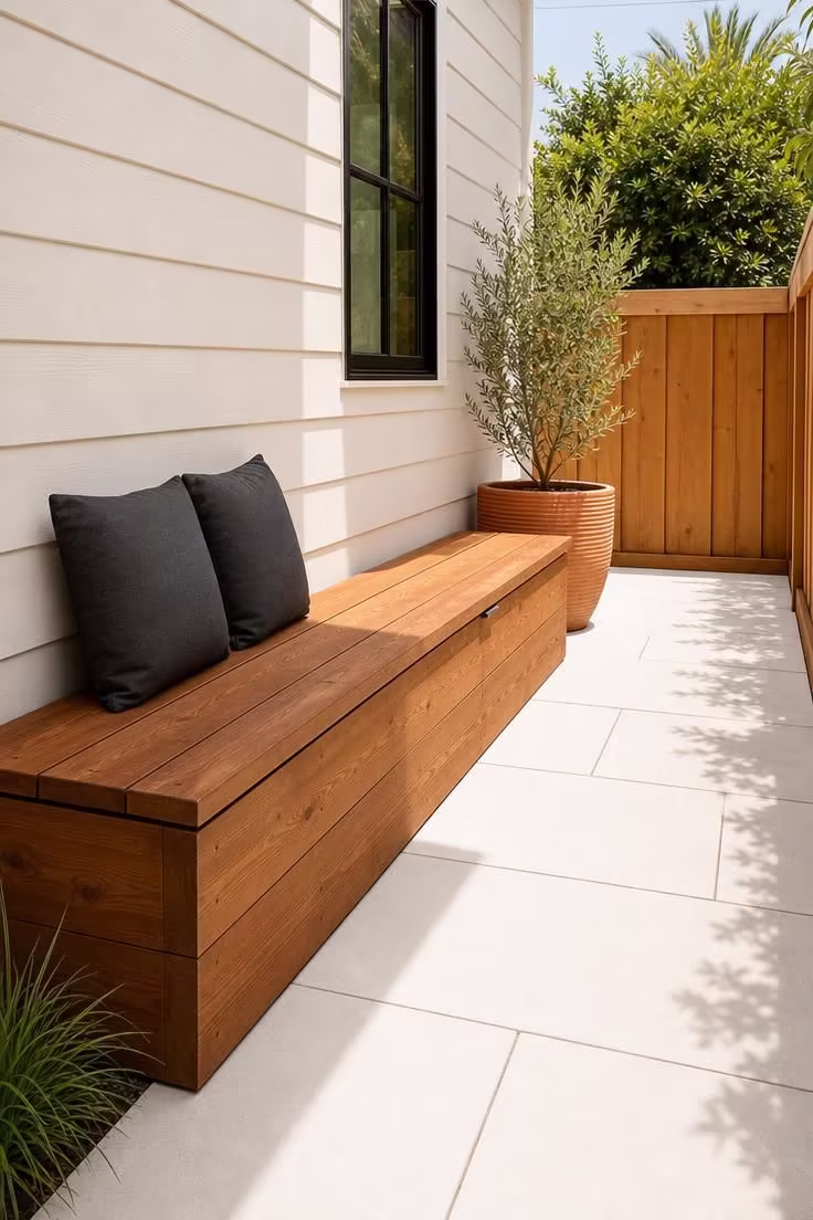 White concrete pavers and a built-in cedar storage bench with linen cushions in a sunny side yard