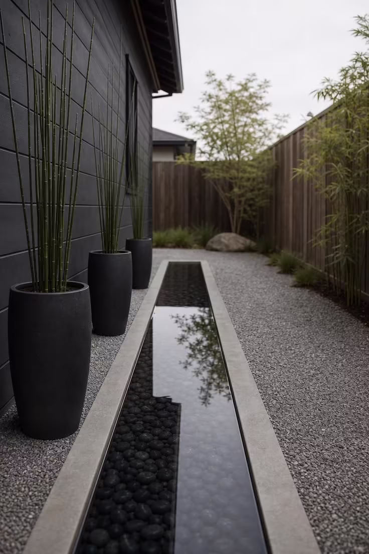 Narrow reflecting pool lined with polished black pebbles in a side yard with horsetail reed planters under overcast sky