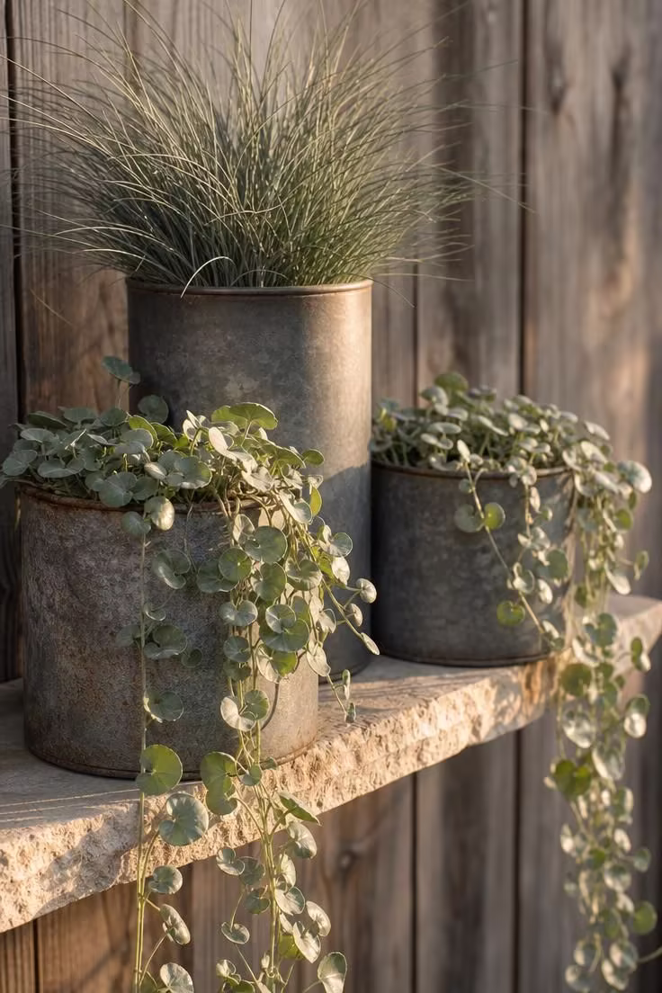 Three weathered zinc planters with trailing dichondra on a limestone ledge in a side yard at golden hour