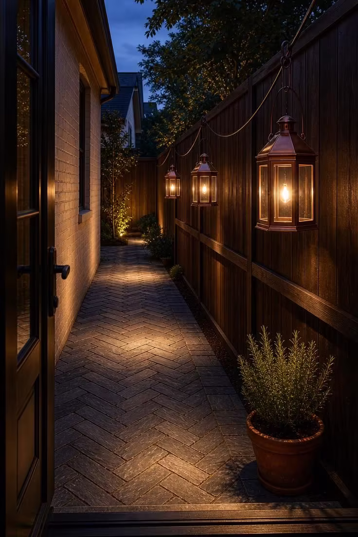 Copper lanterns hanging over a bluestone herringbone path in a side yard corridor at dusk