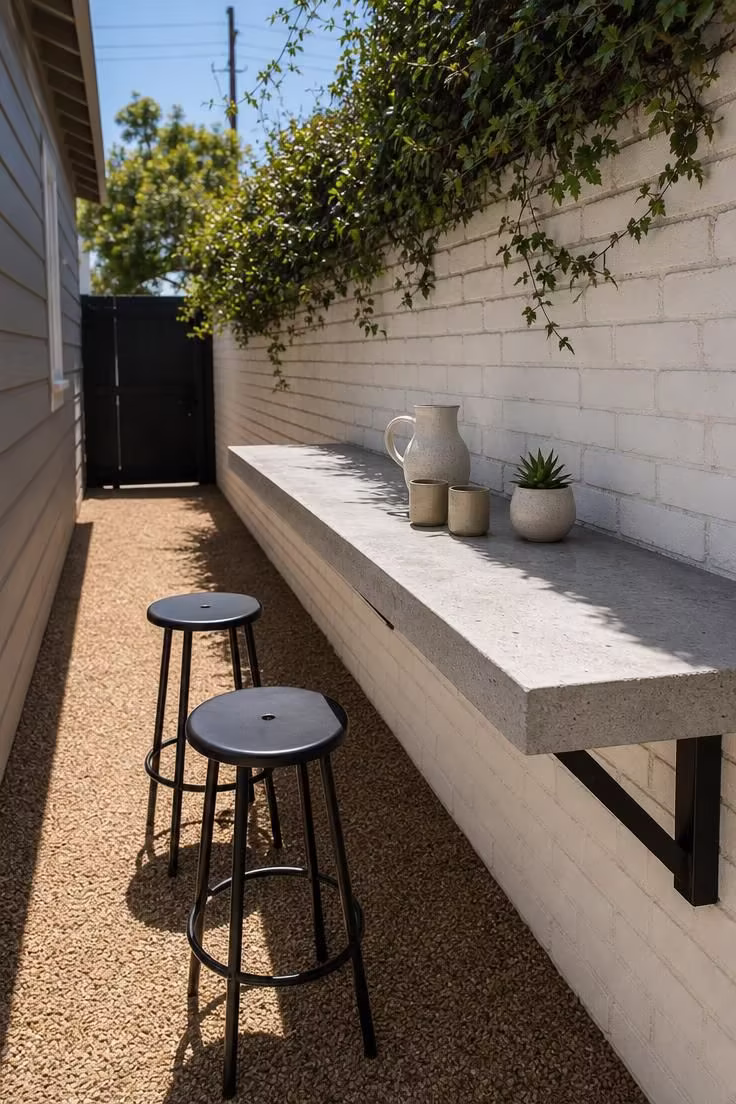 Raw concrete counter bar on a painted brick fence with metal stools in a bright side yard