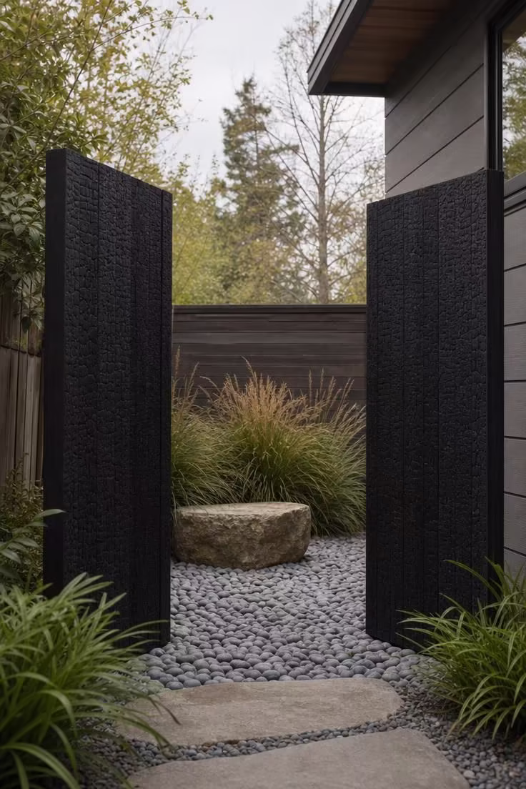Shou sugi ban cedar screens framing a pebble meditation nook at the end of a side yard in diffused light