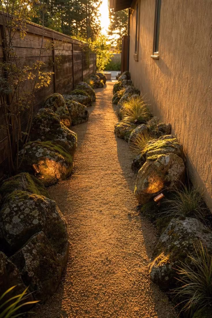 Moss rock borders along a tan crushed granite side yard path with copper uplights at golden hour