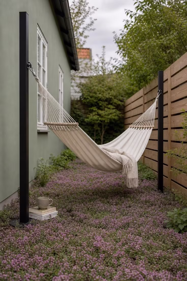 Canvas hammock between steel posts over blooming creeping thyme in a narrow side yard under overcast light