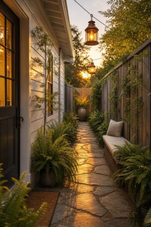 Charming narrow side yard with flagstone path, copper lanterns, ferns, and cedar bench at golden hour