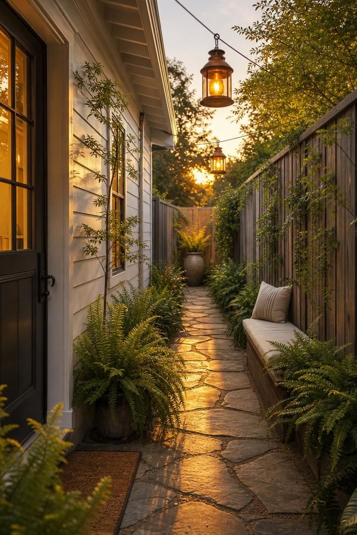 Simple Spaces 15 Charming narrow side yard with flagstone path, copper lanterns, ferns, and cedar bench at golden hour